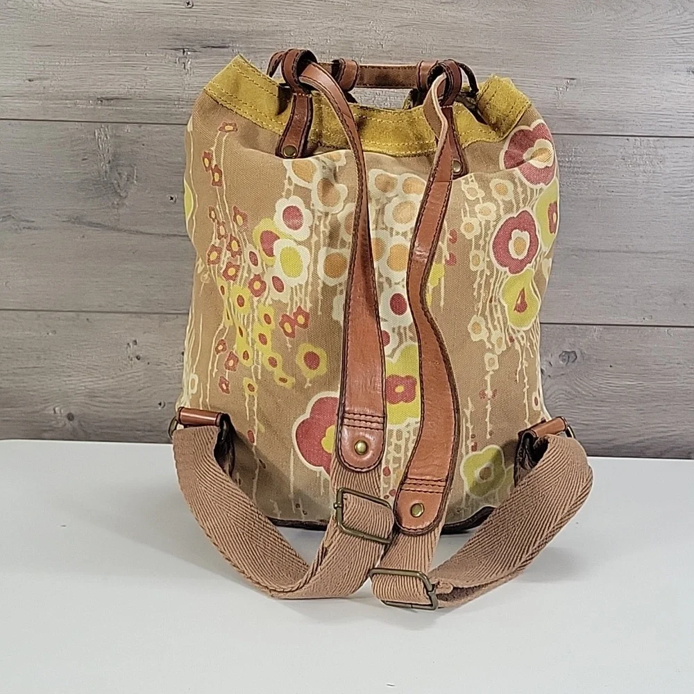 Lucky Brand Canvas/Leather Floral Drawstring Backpack - Yellow/Pink